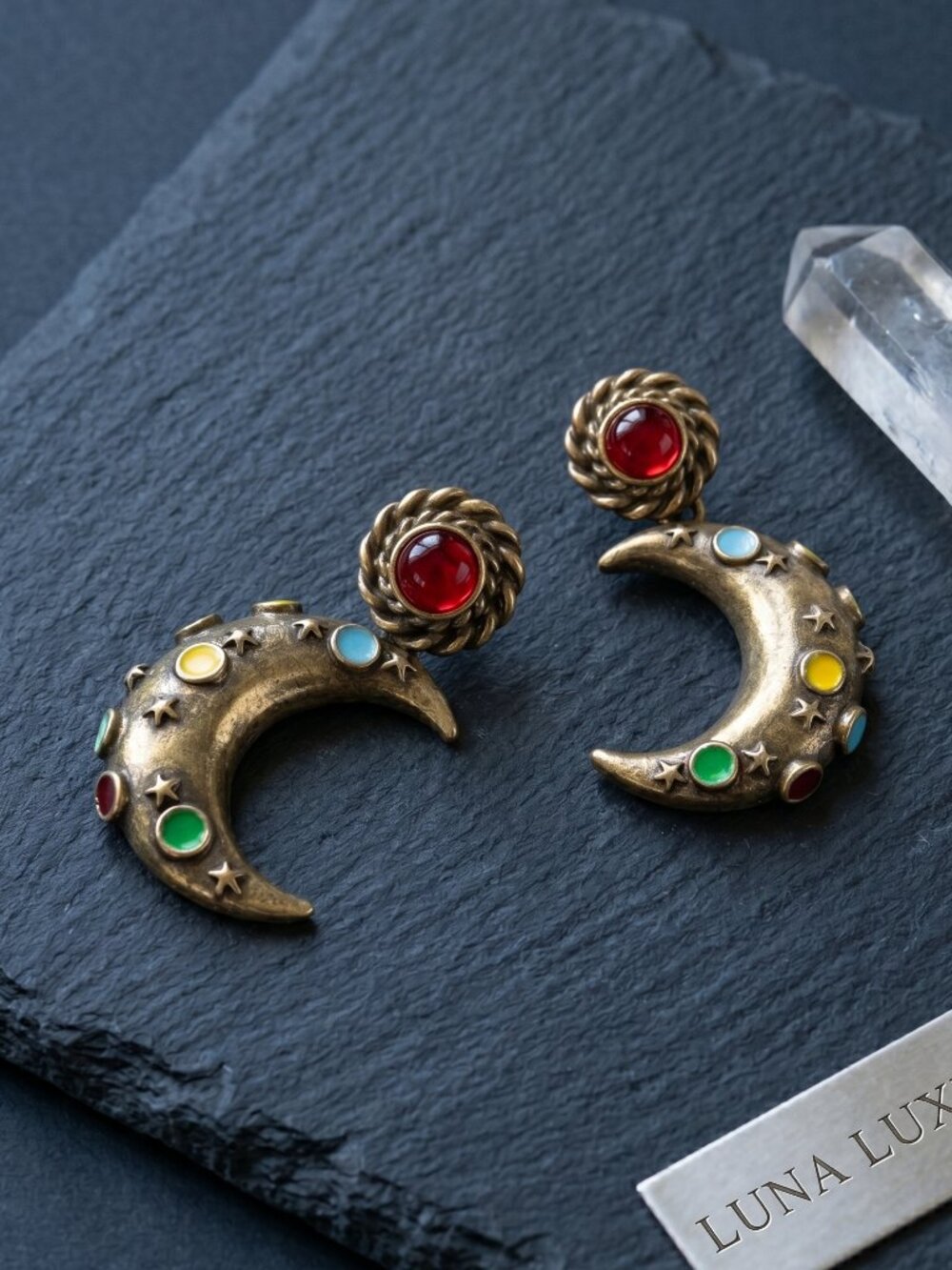 Antique Gold Crescent Moon Drop Earrings Celestial Star Multicolor Whimsigoth